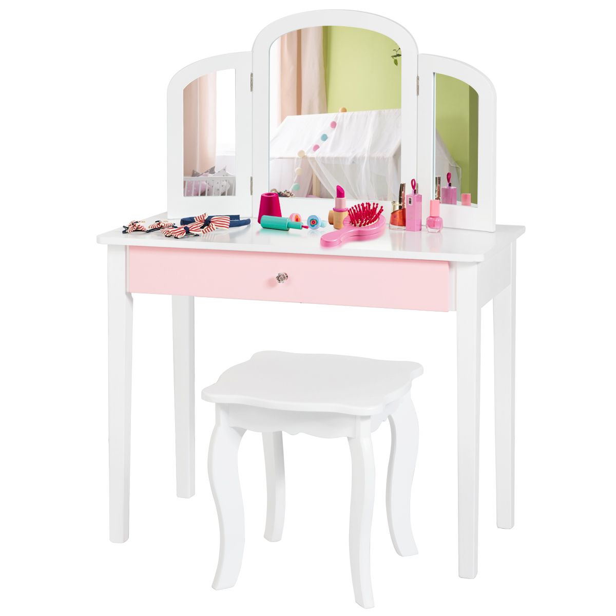 Dječji toaletni stolić 2 u 1 s trostrukim ogledalom i pretincom u bijeloj boji